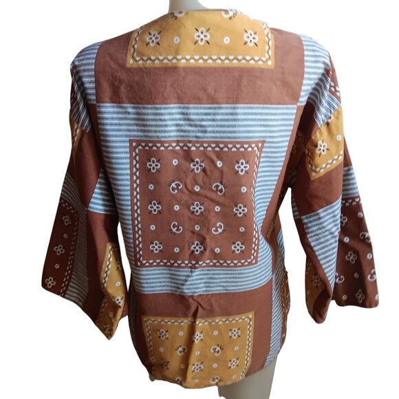 Vintage Medium 70's Blouse Top Boho Patchwork Tunic 1OF1 Keyhole Kimono Sleeves - Picture 2 of 9